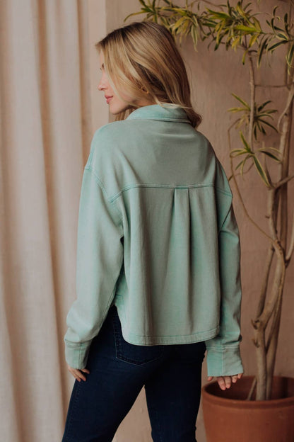 Dusty Mint Cropped Washed Soft Button Up