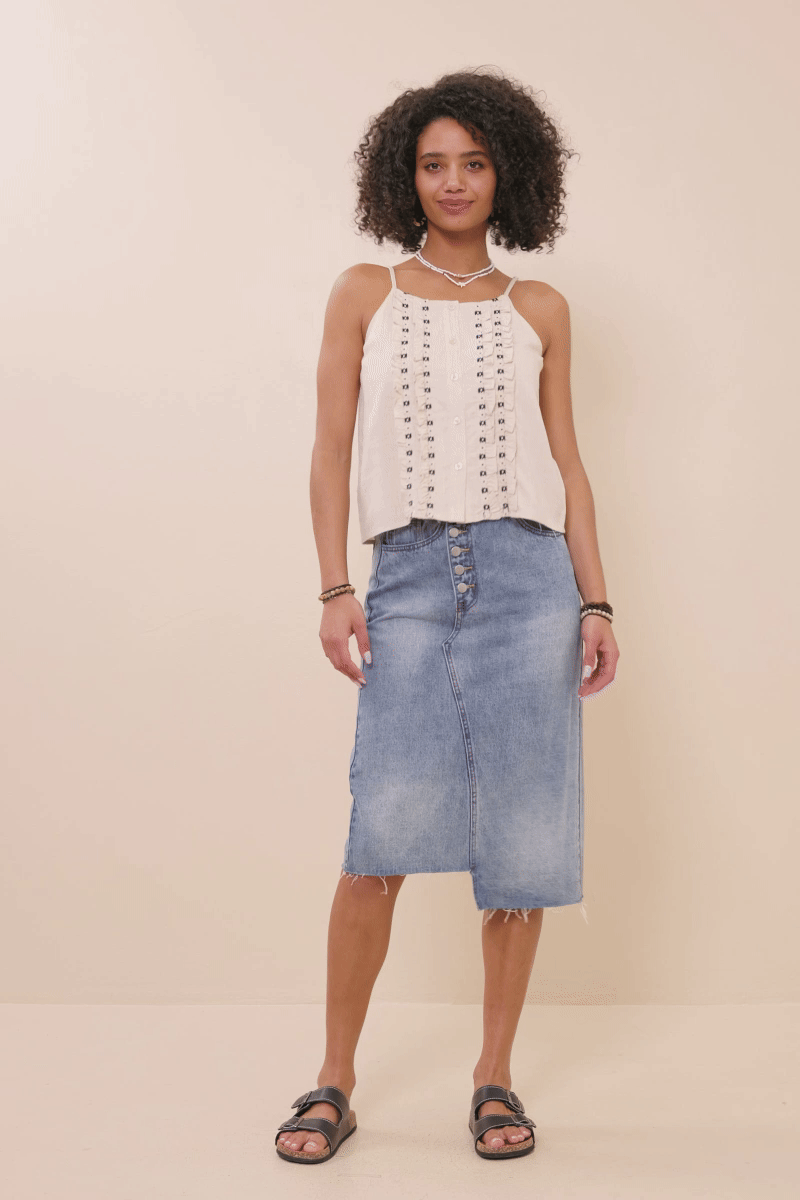 Ruffled Tape Trim Linen Tank