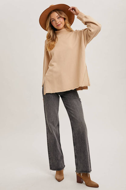 Raw Edge Side Slit Mock Neck