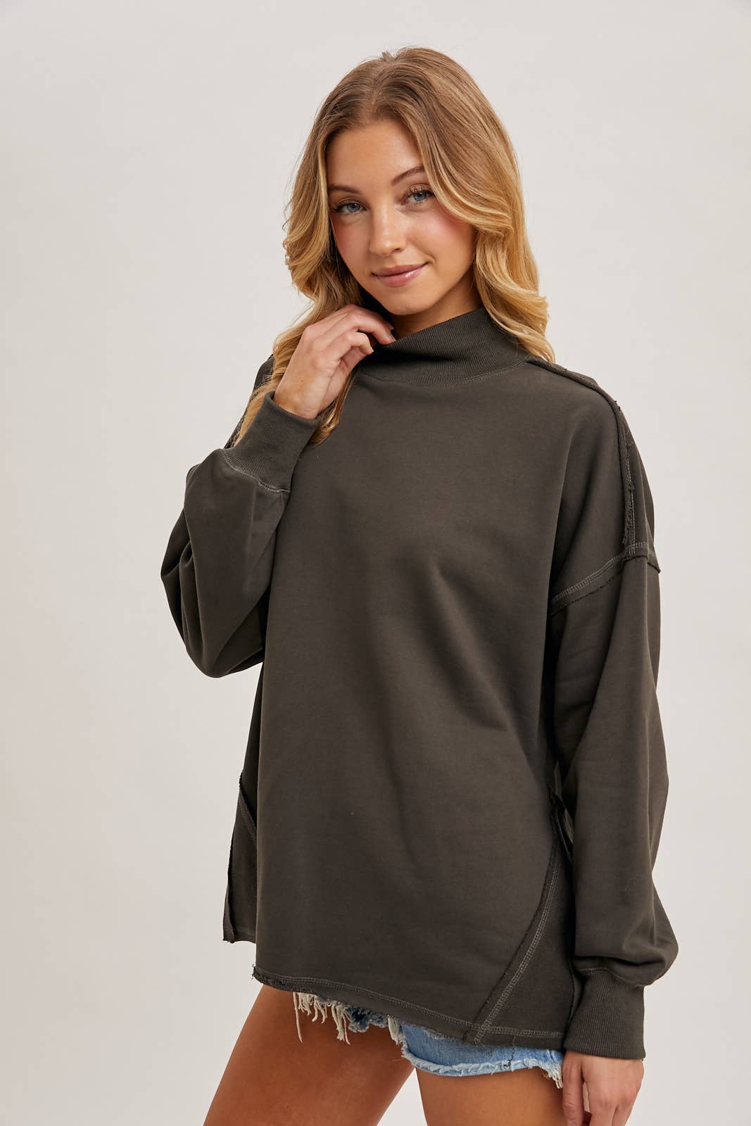 Raw Edge Side Slit Mock Neck