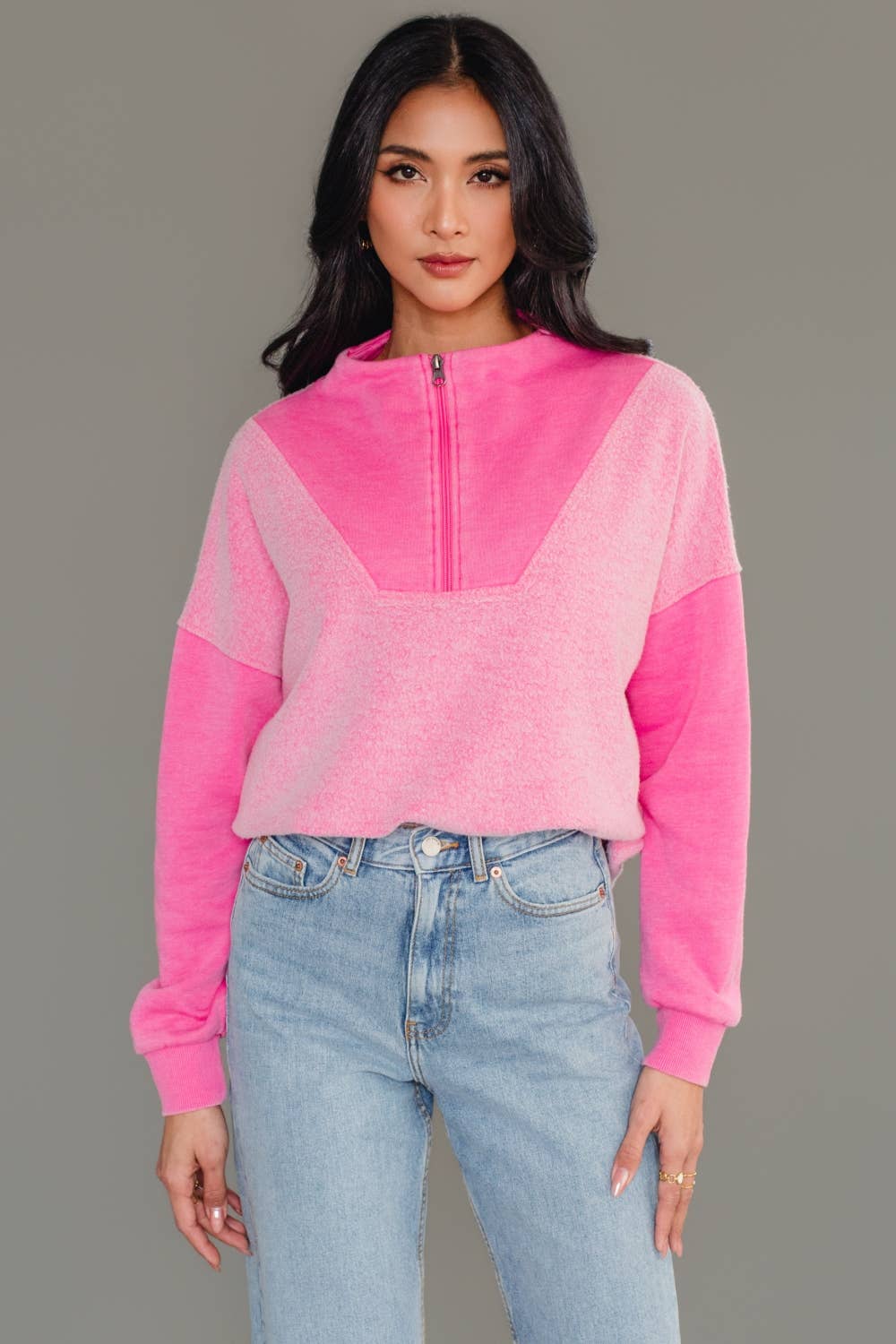 Pink Mixed Media Quarter Zip Sweatshirt