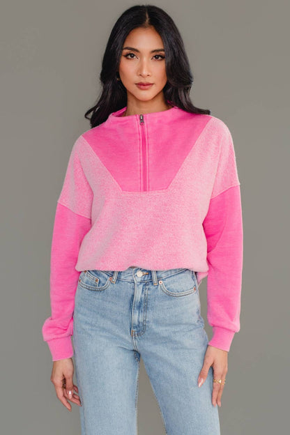 Pink Mixed Media Quarter Zip Sweatshirt