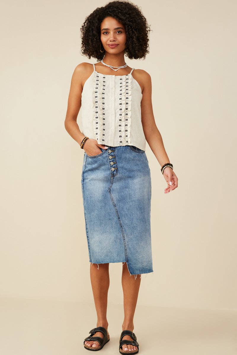 Ruffled Tape Trim Linen Tank