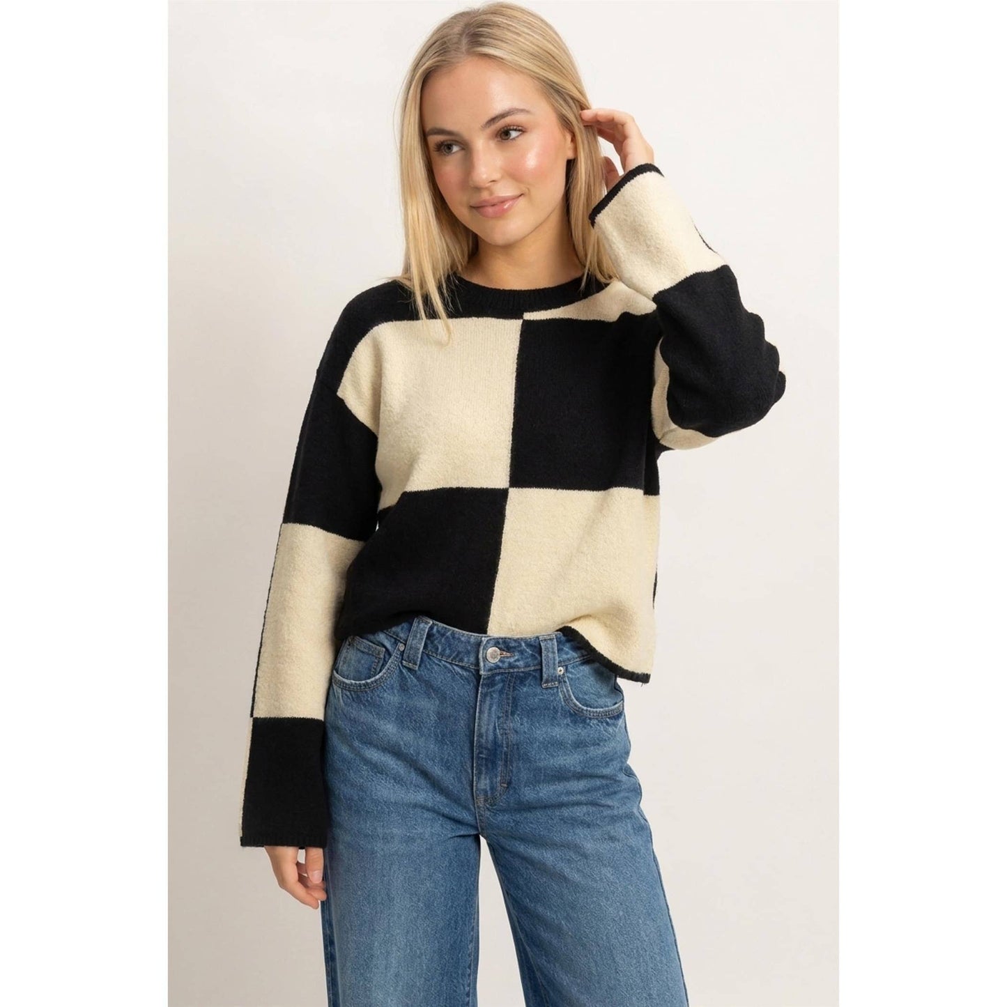 Crew Neck Checkered Sweater