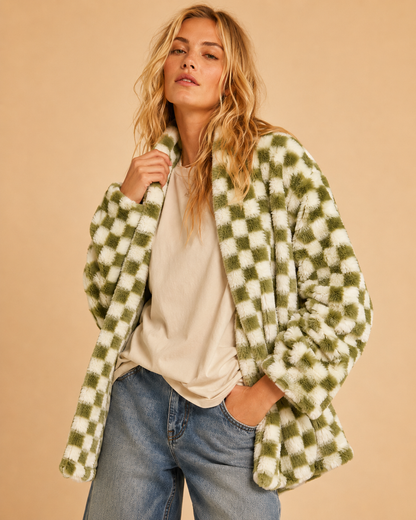 Check Faux Fur Cardigan Jacket