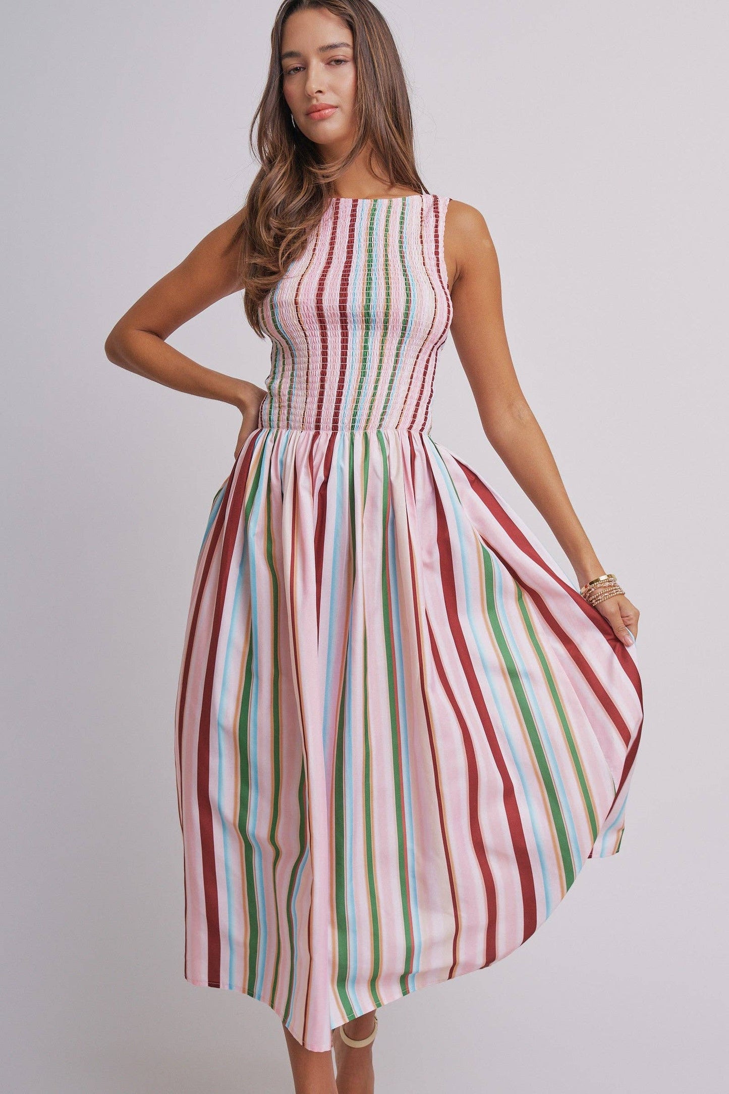 Candy Stripe Smocked Midi Dress With High Neckline