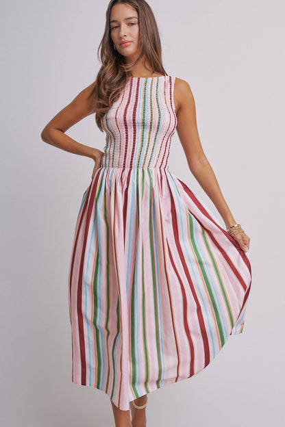 Candy Stripe Smocked Midi Dress With High Neckline