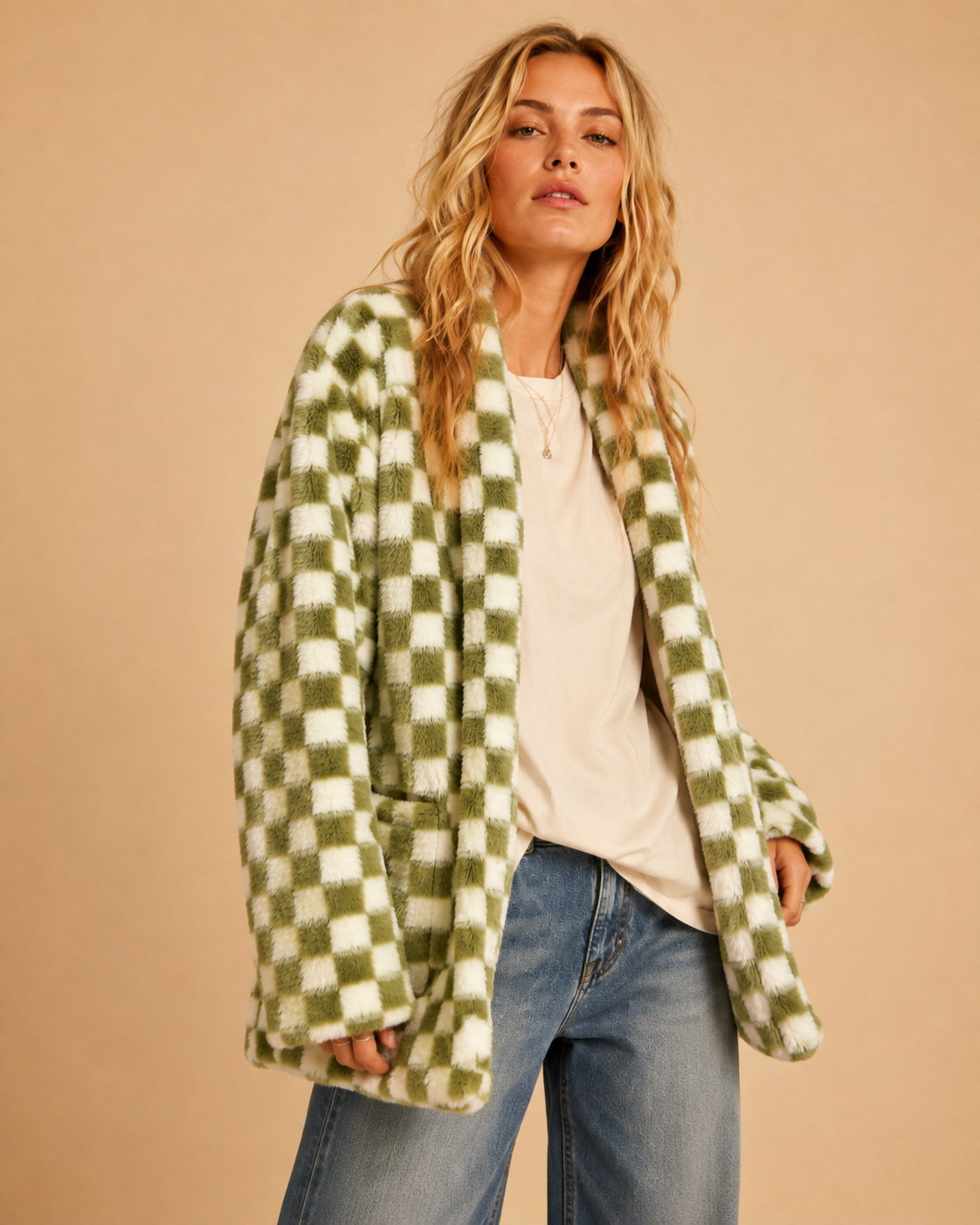 Check Faux Fur Cardigan Jacket