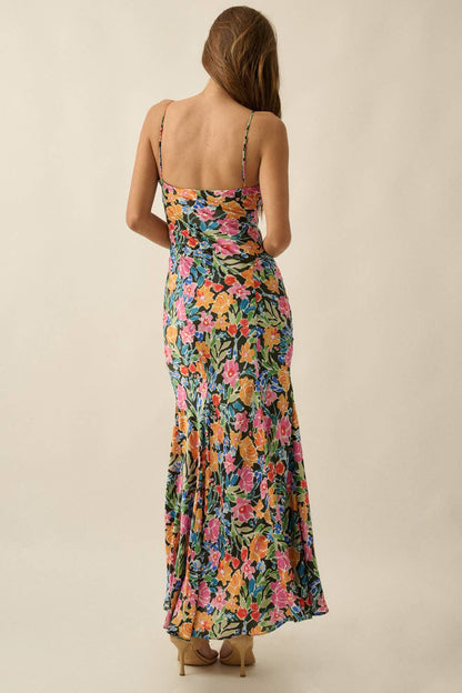 Floral Satin Fitted Maxi Slip Dress