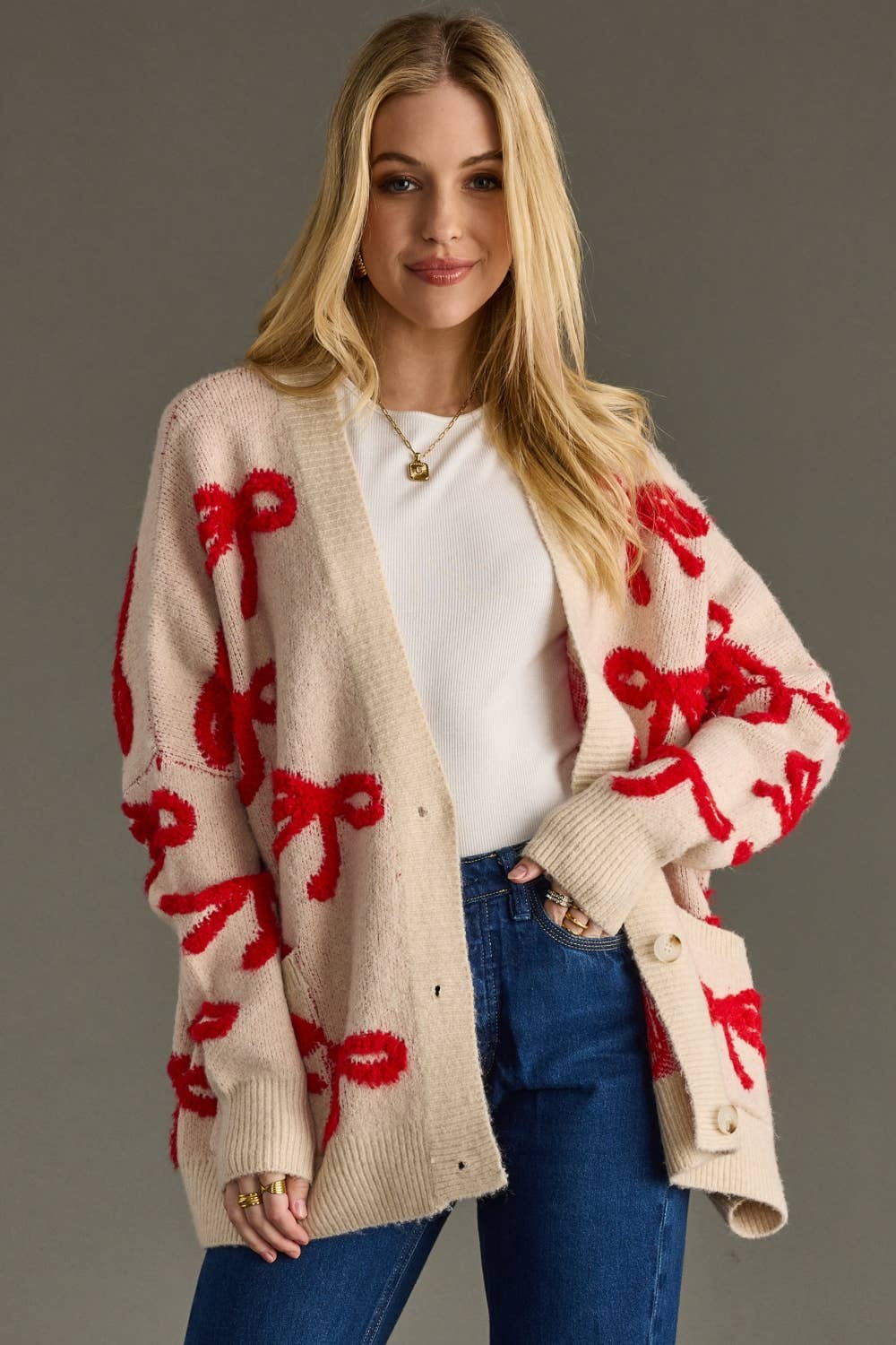 Tan & Red Bow Cardigan