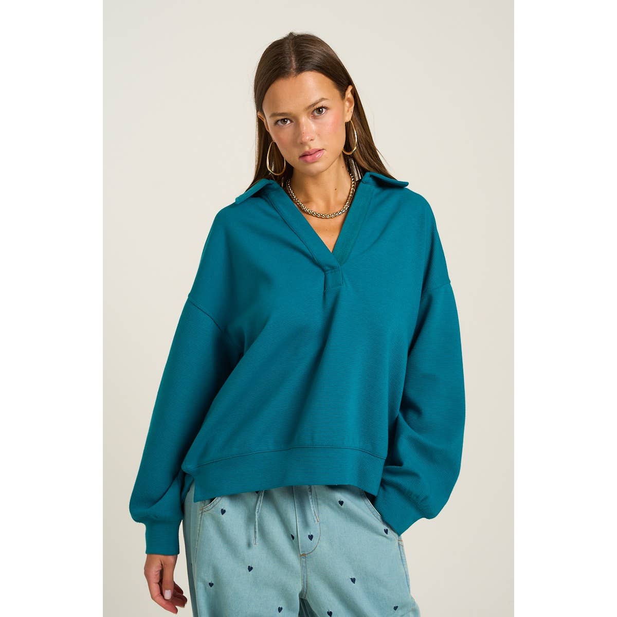Collared V Neckline Pullover