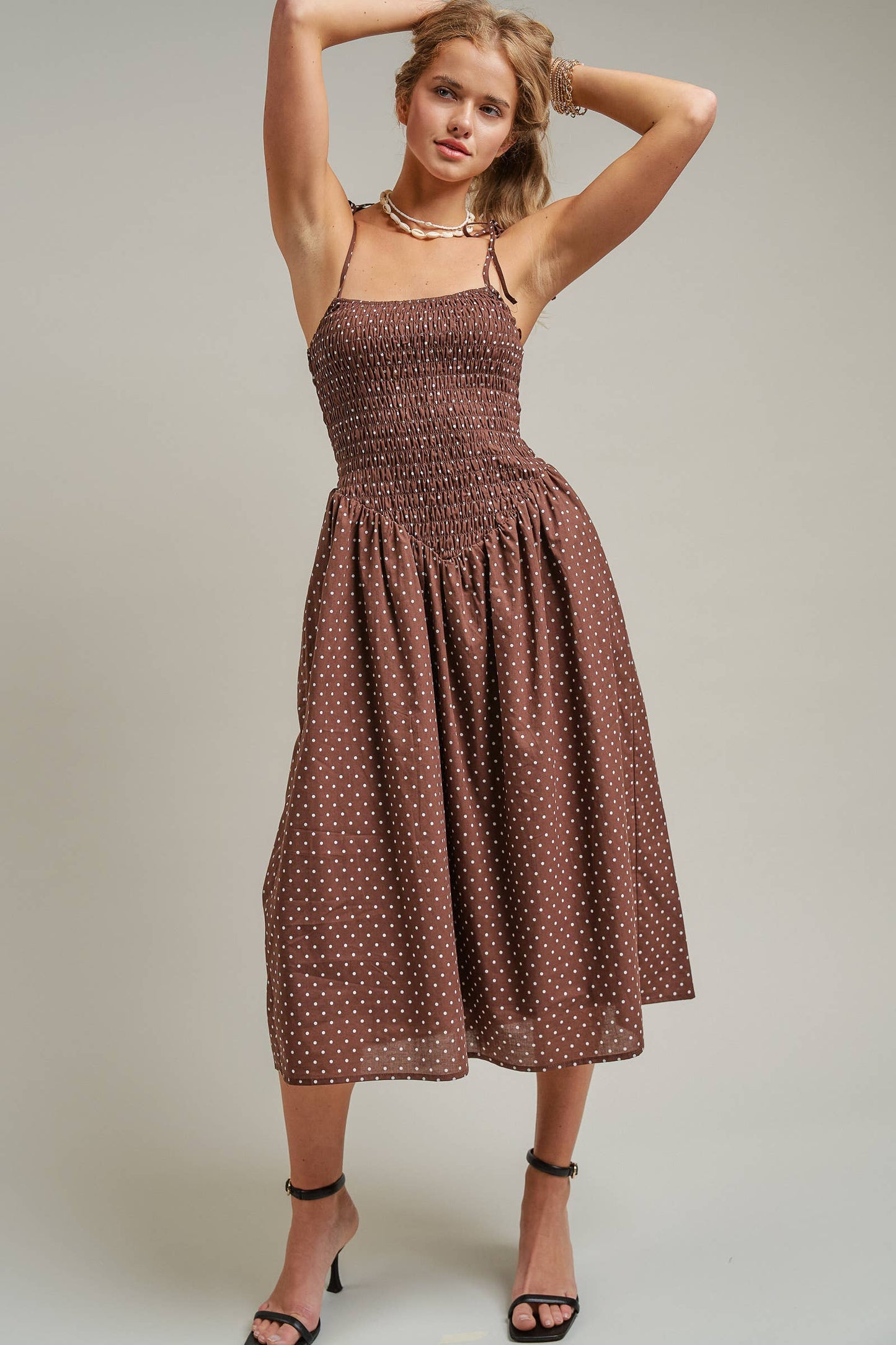 Polka Dot Smocked Midi Dress