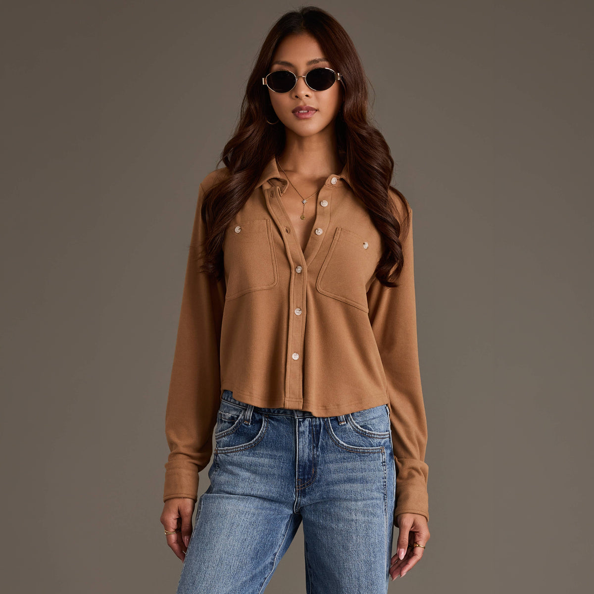 Cognac Cropped Soft Button Up