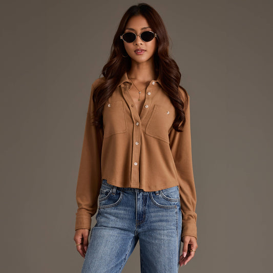 Cognac Cropped Soft Button Up