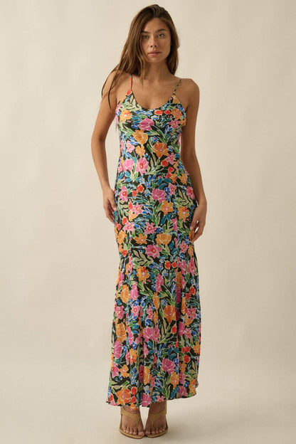 Floral Satin Fitted Maxi Slip Dress