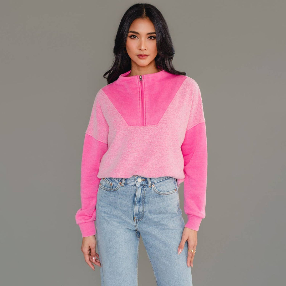 Pink Mixed Media Quarter Zip Sweatshirt