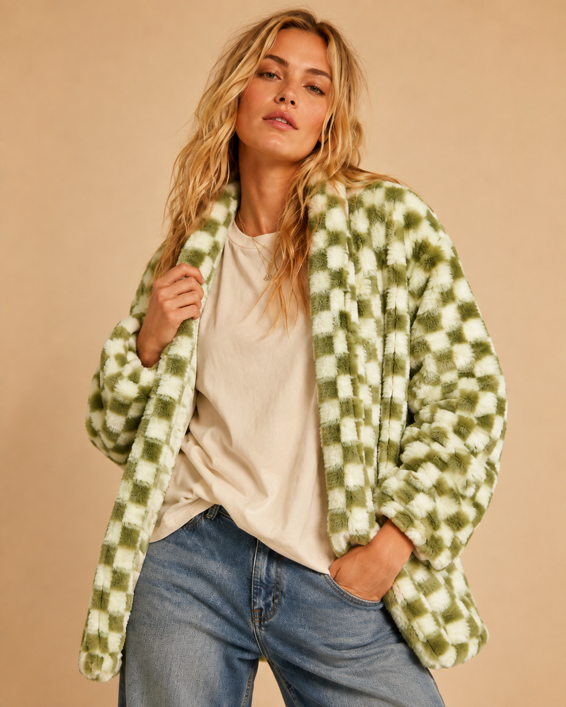 Check Faux Fur Cardigan Jacket