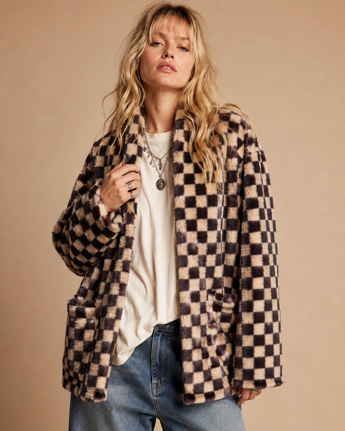 Check Faux Fur Cardigan Jacket