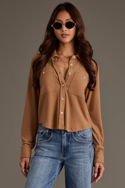 Cognac Cropped Soft Button Up