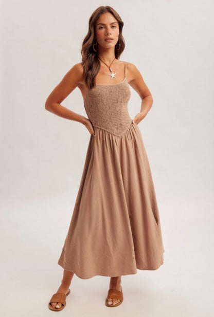 Mocha Smocked Midi Dress