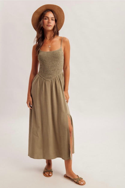 Olive Smocked Midi Dress