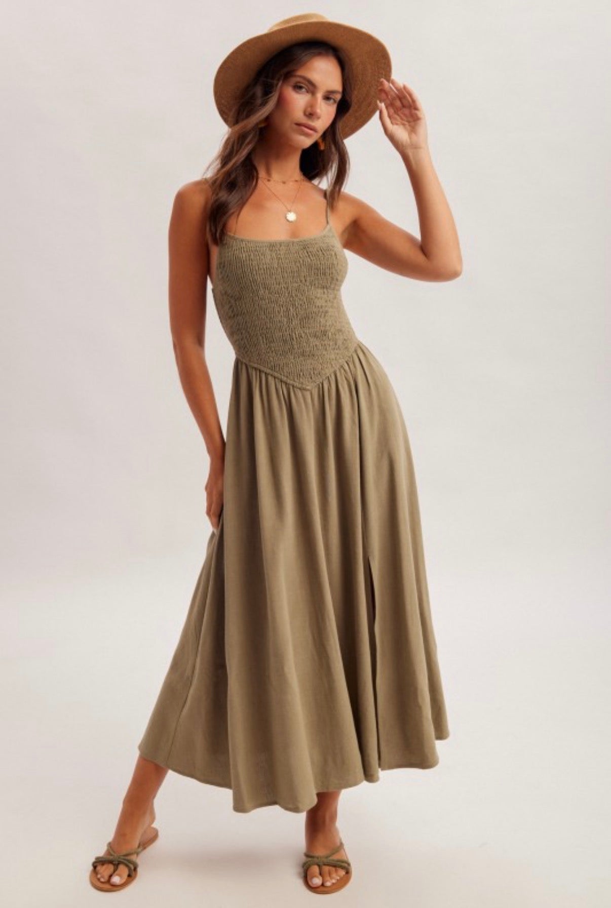 Olive Smocked Midi Dress