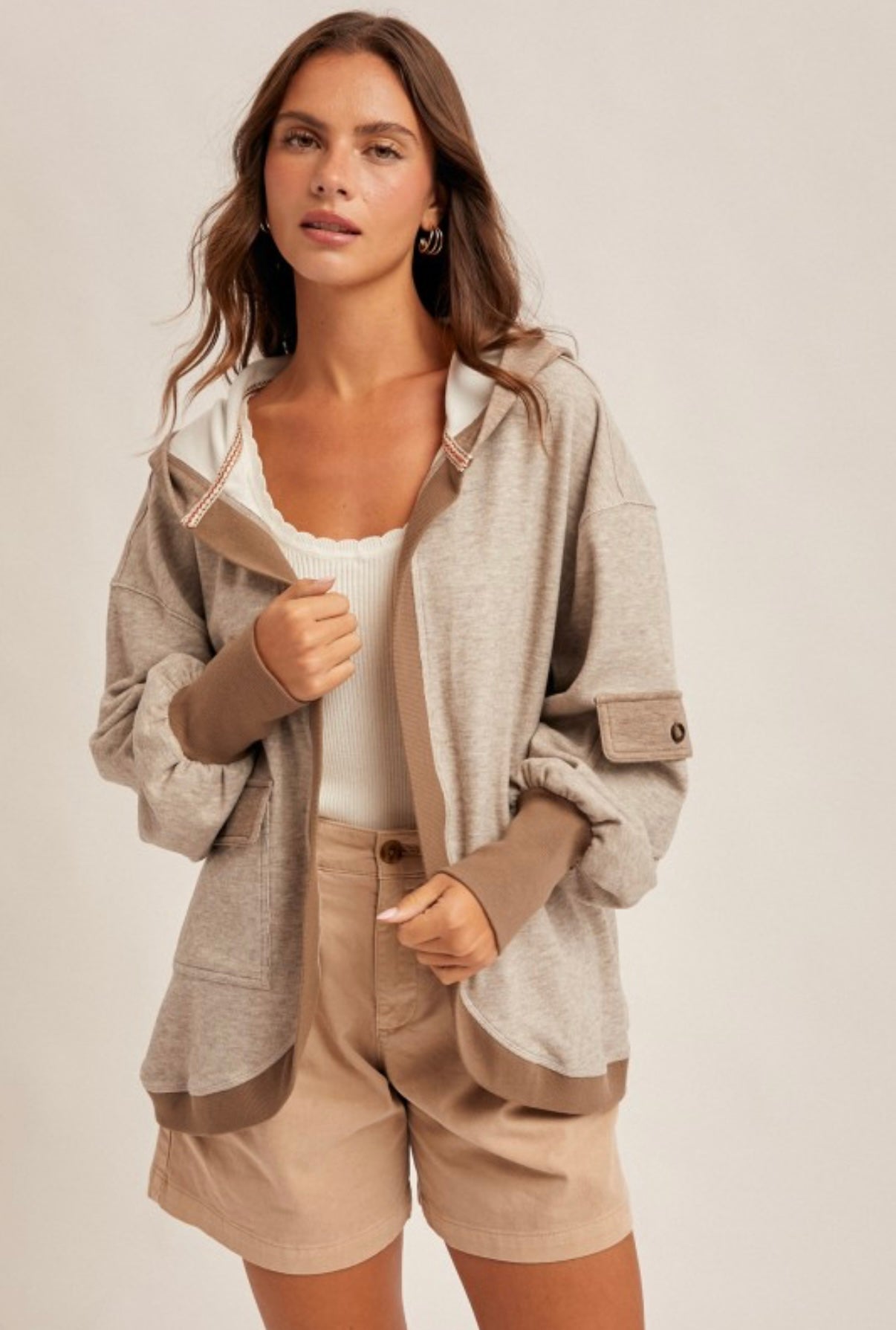 Color Block Hooded Cardi Mocha