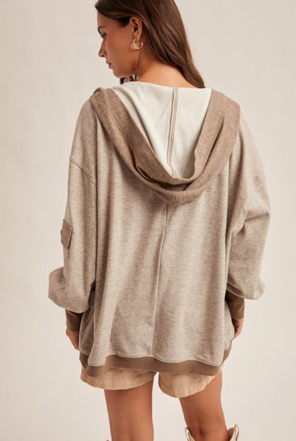 Color Block Hooded Cardi Mocha