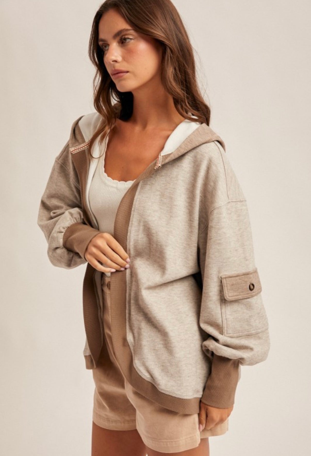 Color Block Hooded Cardi Mocha