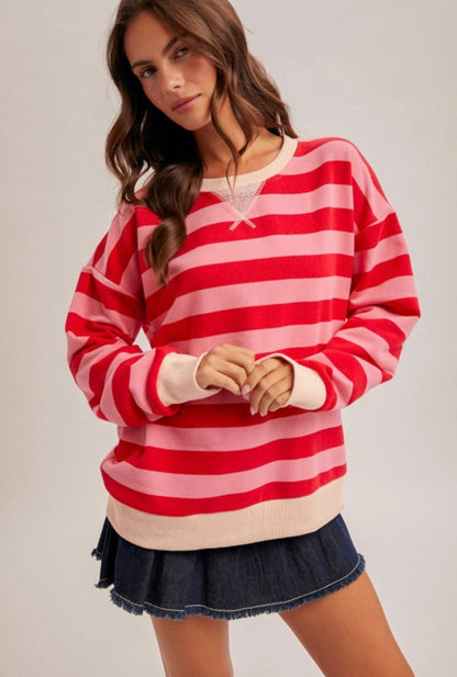 Red & Pink Striped Crew