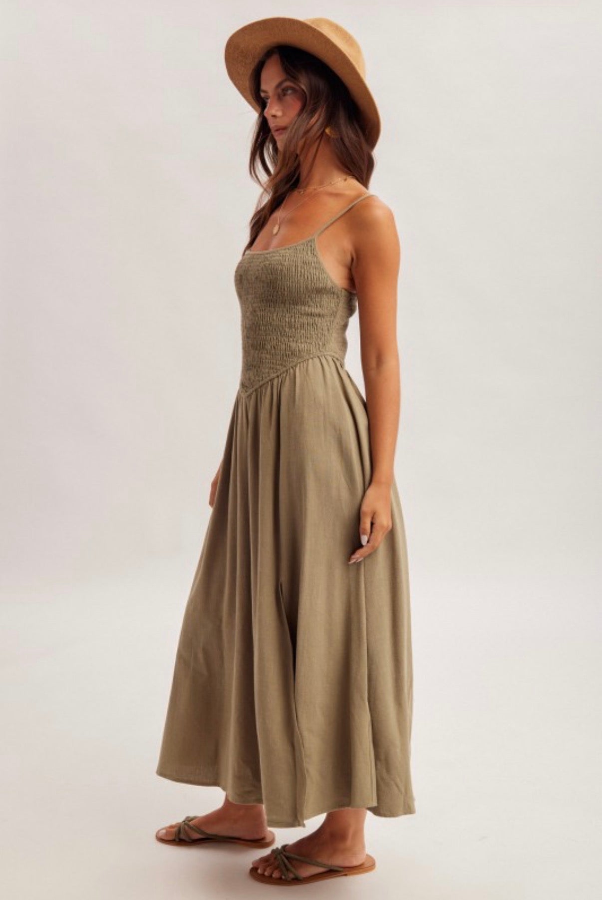 Olive Smocked Midi Dress