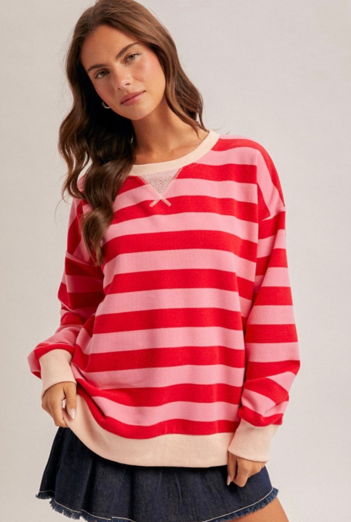 Red & Pink Striped Crew