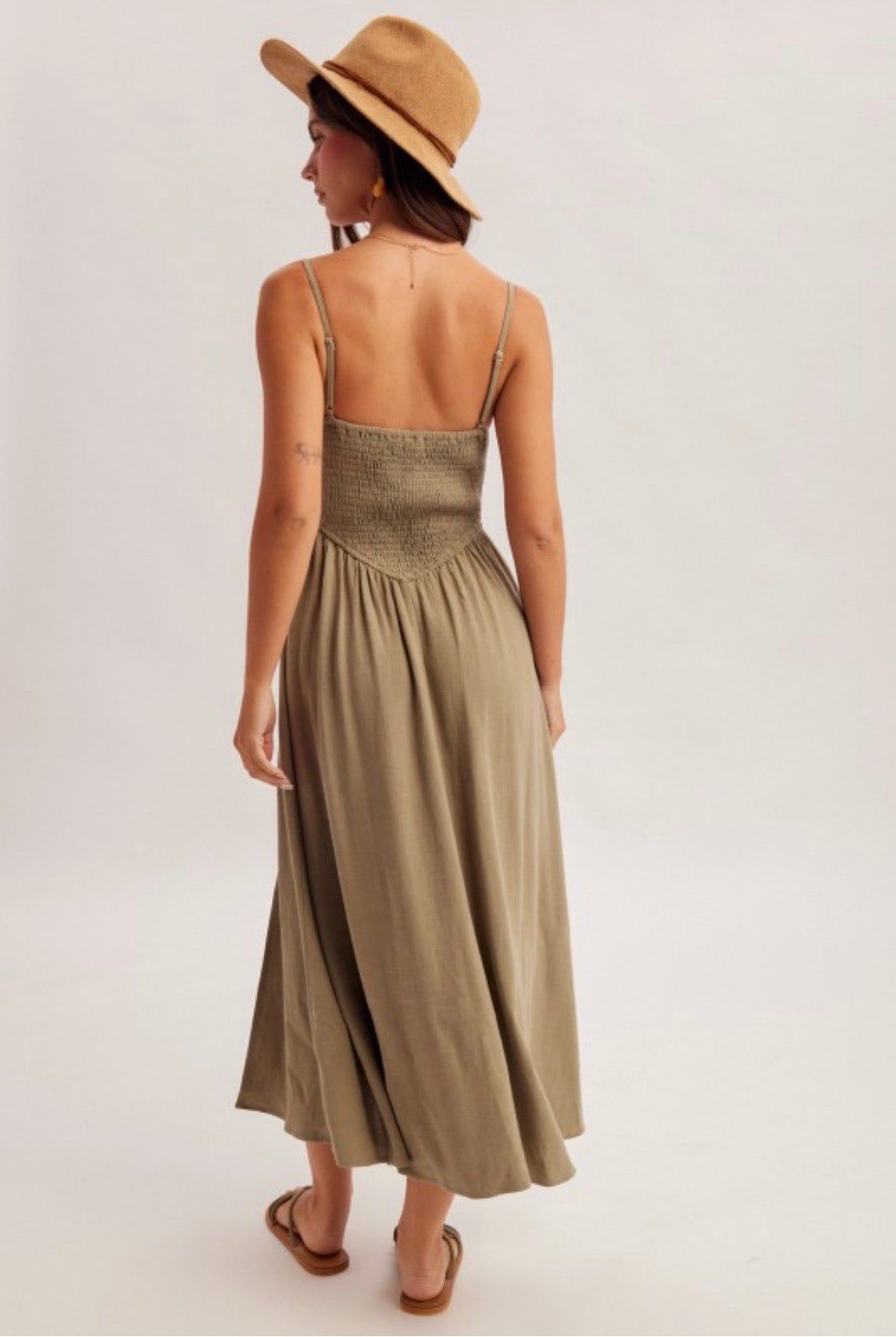 Olive Smocked Midi Dress