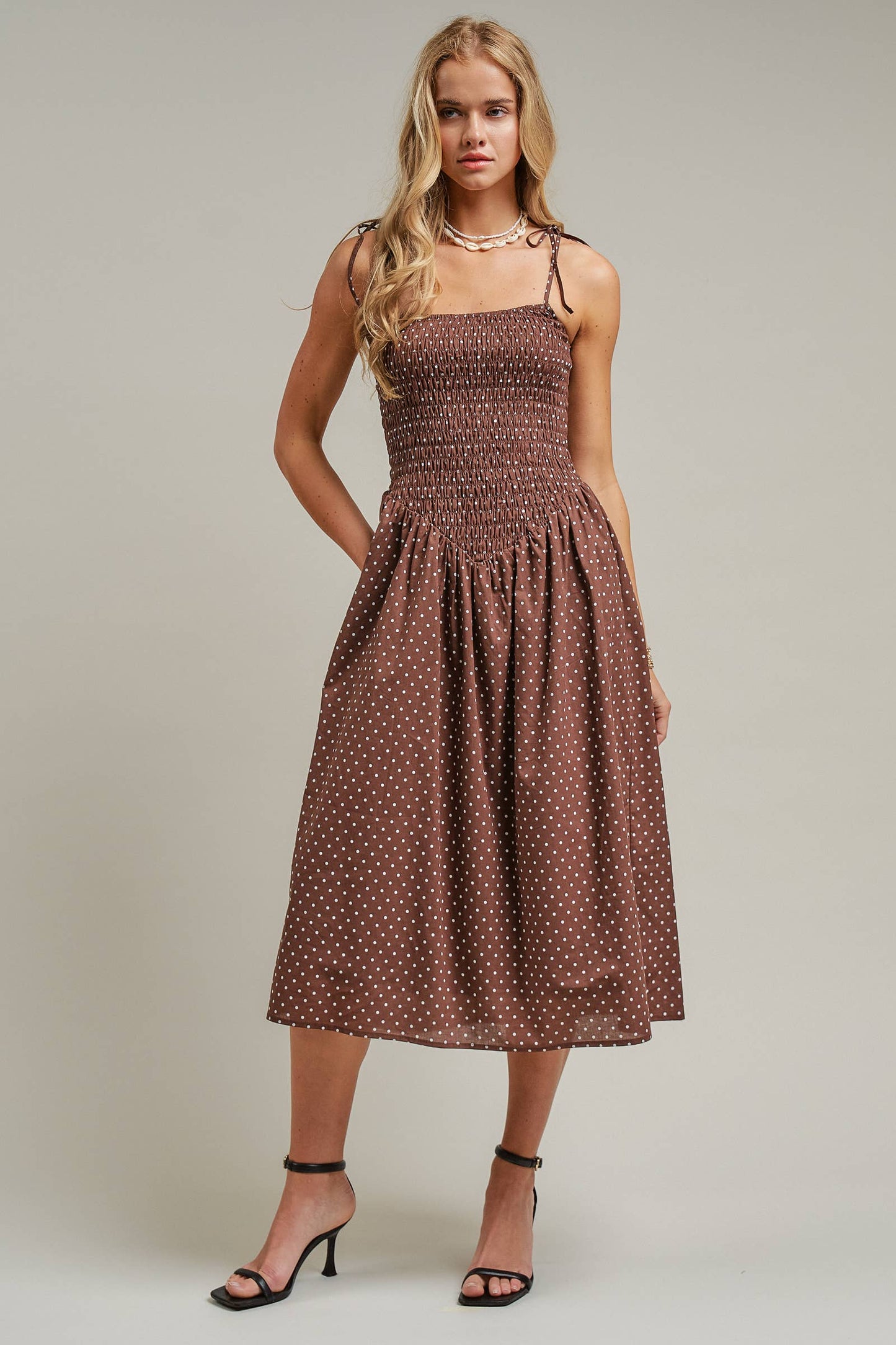 Polka Dot Smocked Midi Dress