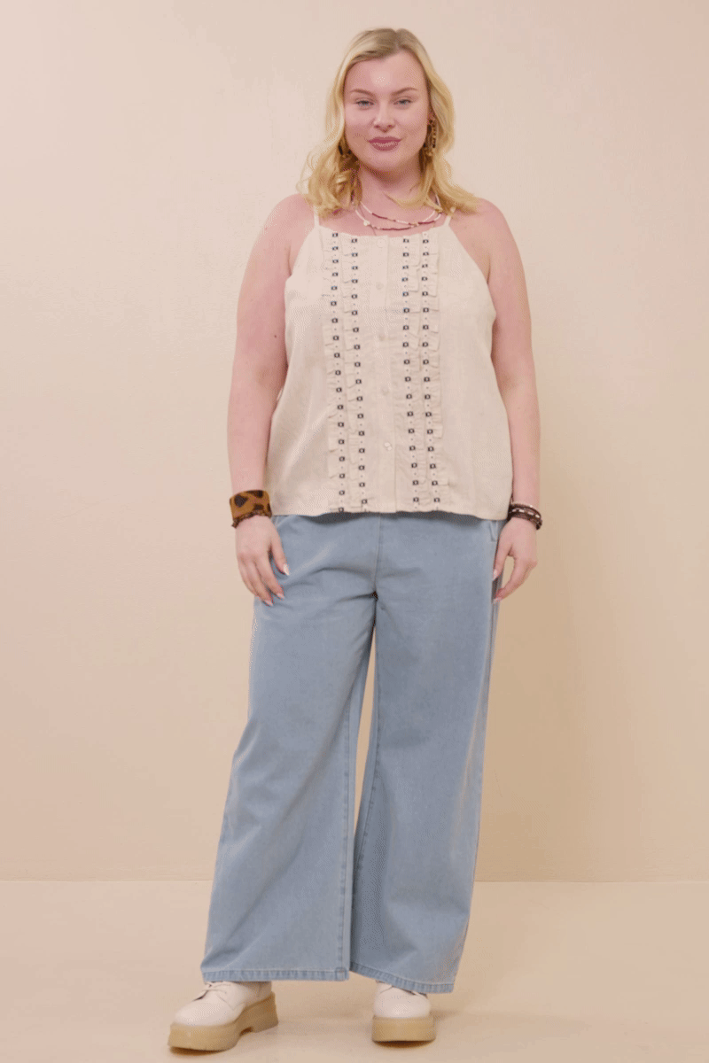 Ruffled Tape Trim Linen Tank