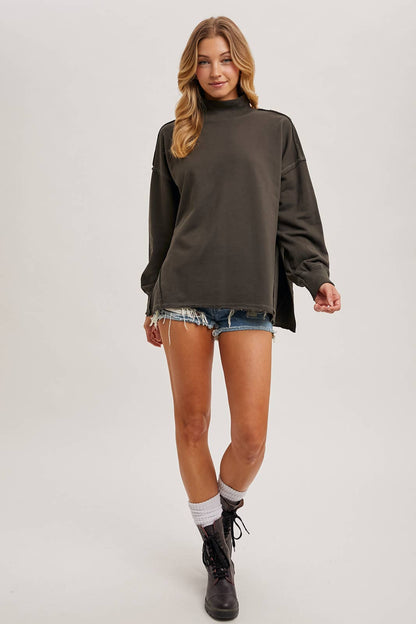 Raw Edge Side Slit Mock Neck