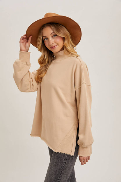 Raw Edge Side Slit Mock Neck