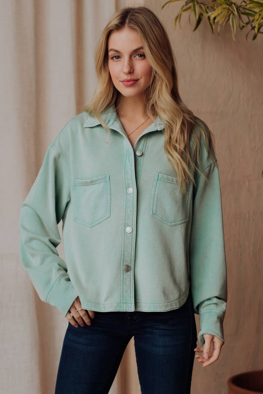 Dusty Mint Cropped Washed Soft Button Up