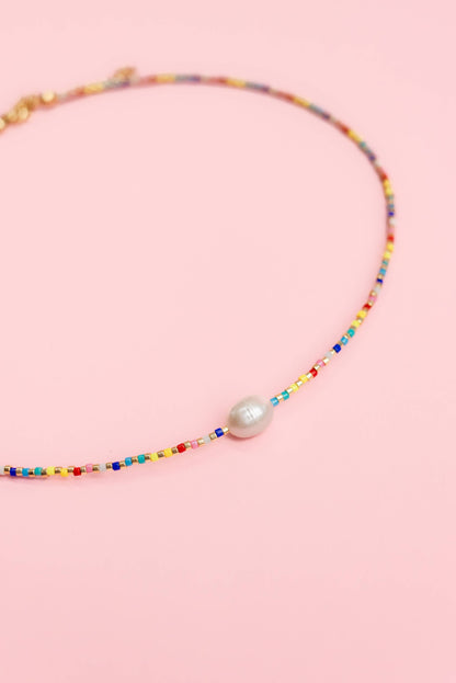 Party Pearl - Single Pearl and Rainbow Seed Bead Necklace