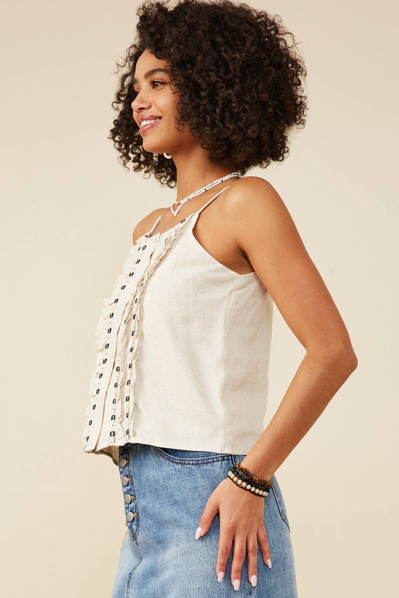 Ruffled Tape Trim Linen Tank