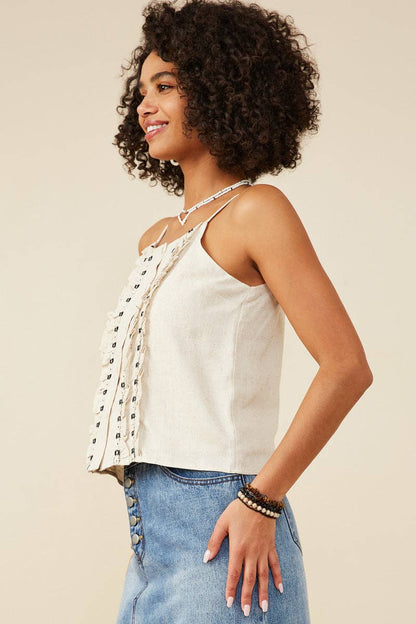 Ruffled Tape Trim Linen Tank