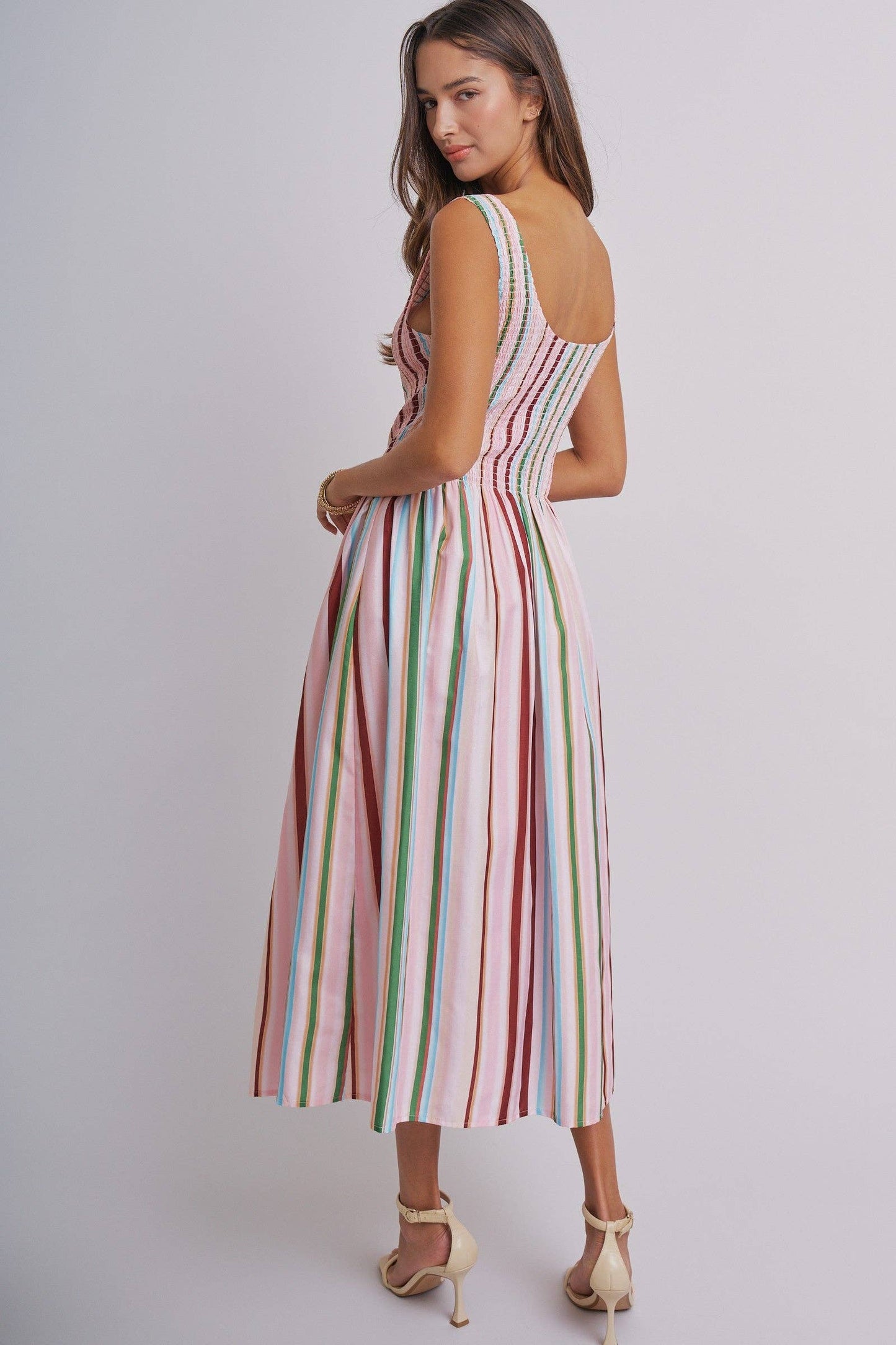 Candy Stripe Smocked Midi Dress With High Neckline