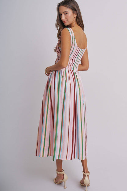 Candy Stripe Smocked Midi Dress With High Neckline
