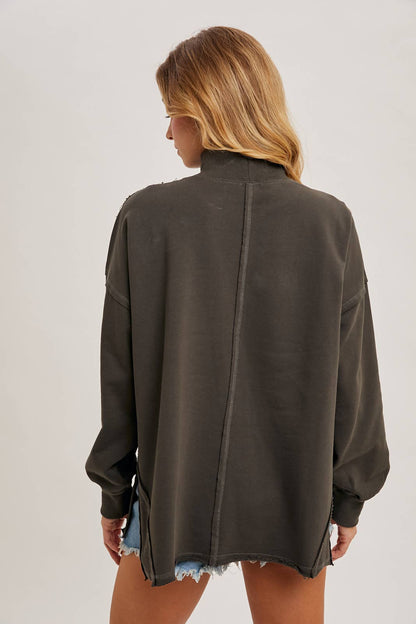 Raw Edge Side Slit Mock Neck