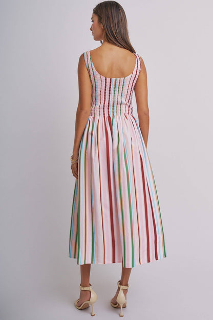 Candy Stripe Smocked Midi Dress With High Neckline