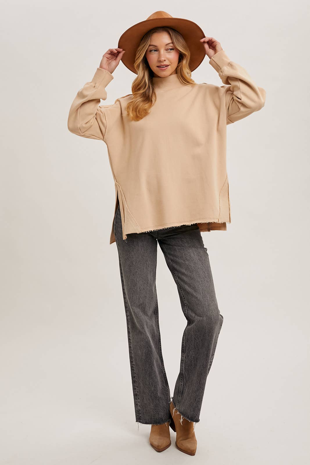 Raw Edge Side Slit Mock Neck