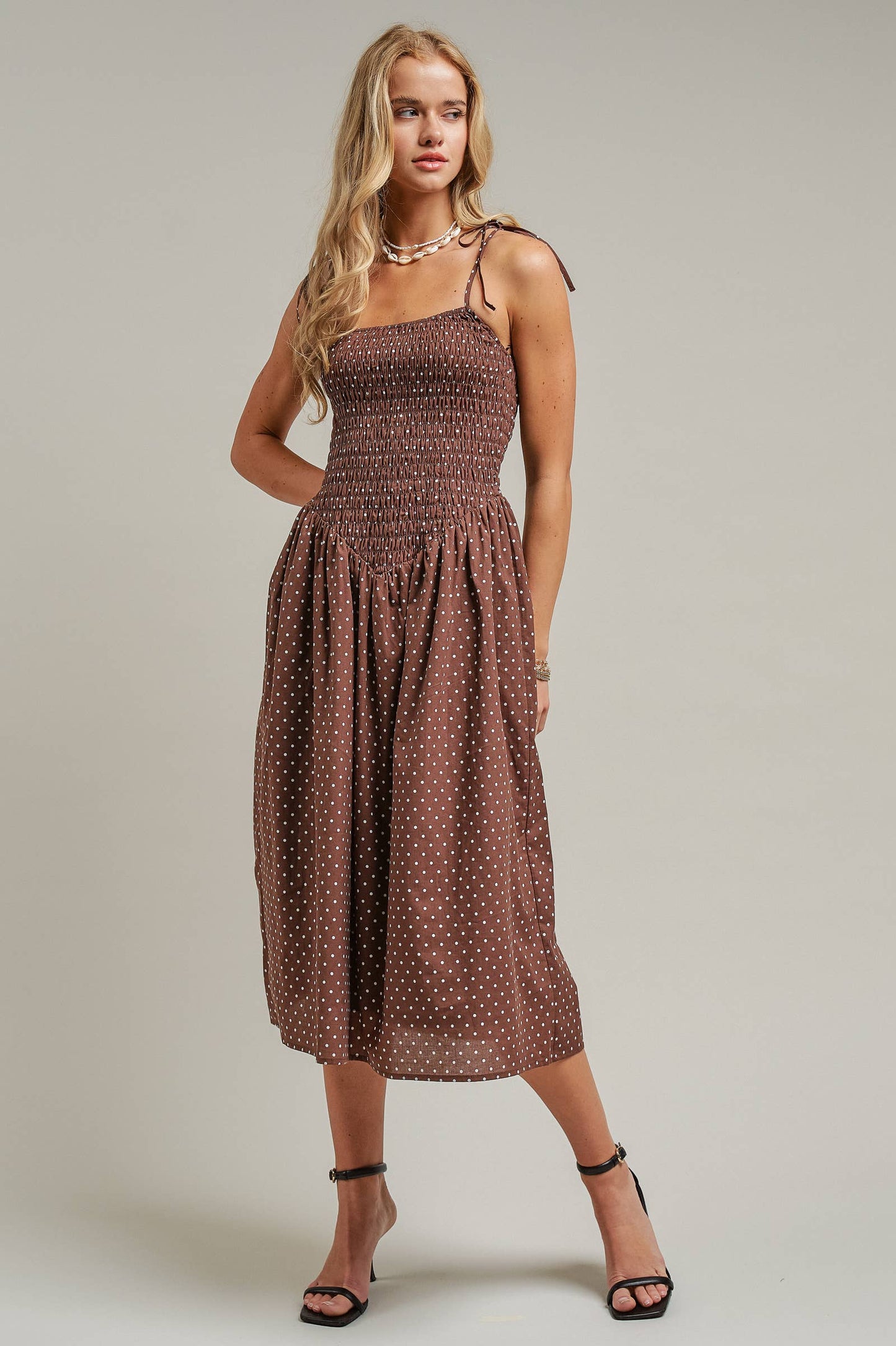 Polka Dot Smocked Midi Dress