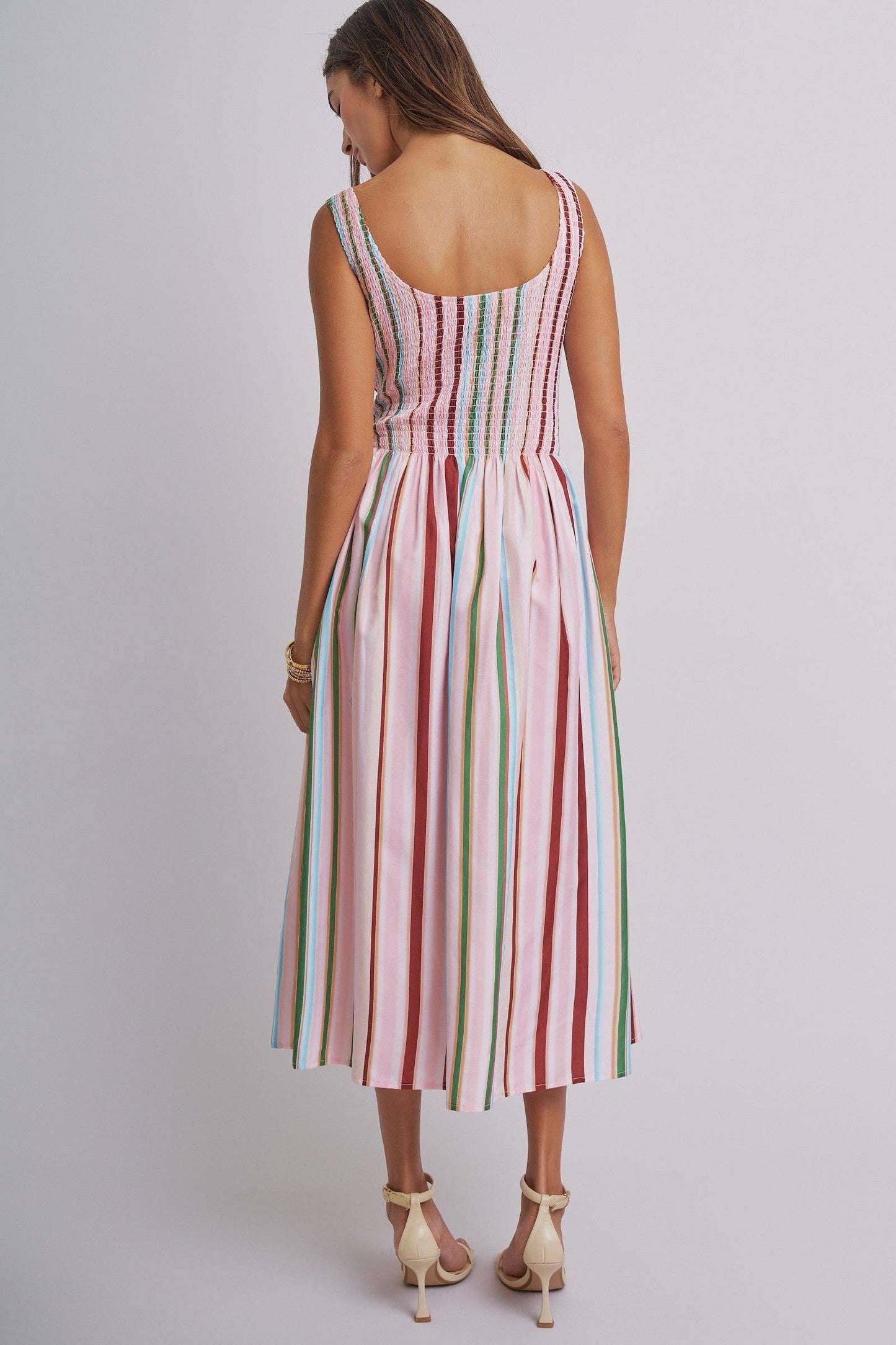 Candy Stripe Smocked Midi Dress With High Neckline