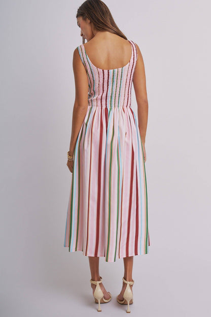 Candy Stripe Smocked Midi Dress With High Neckline
