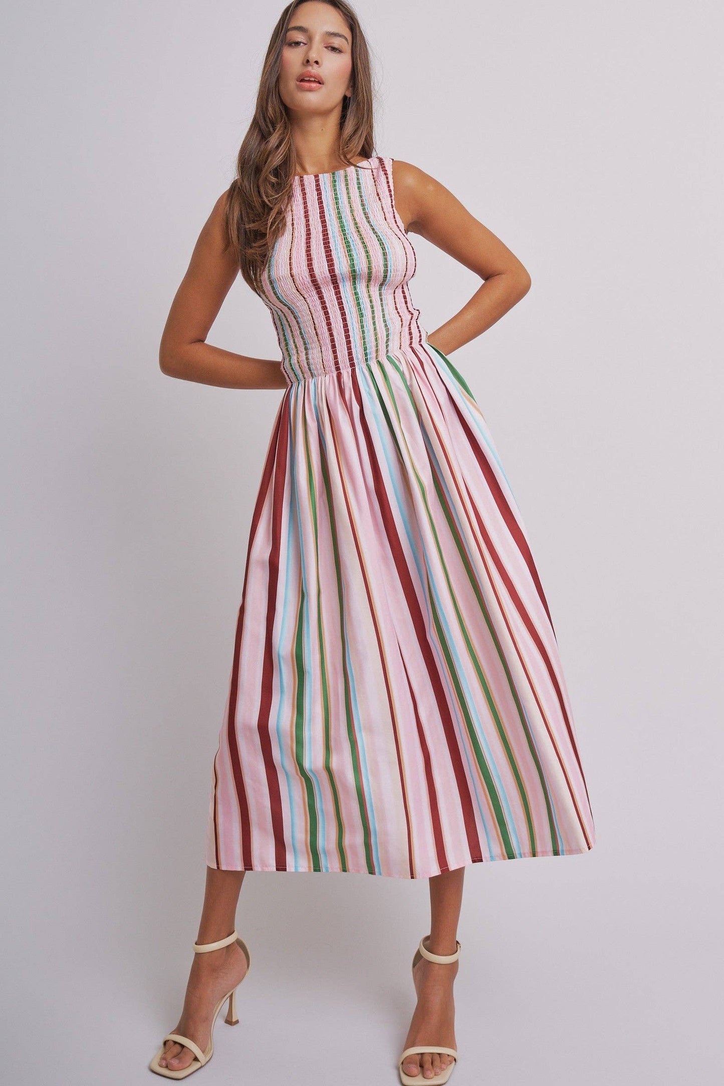Candy Stripe Smocked Midi Dress With High Neckline